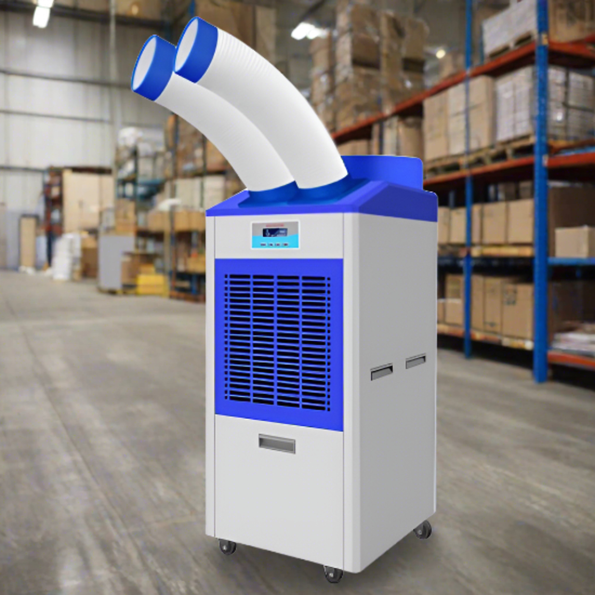Cool-A-Zone Nova Duo Flex: portable AC for up to 860 sq. ft. Uses R32 refrigerant, 120V-11A plug & weighs 168 lbs. Features 2 outlet pipes, locking wheels & handle for easy mobility.